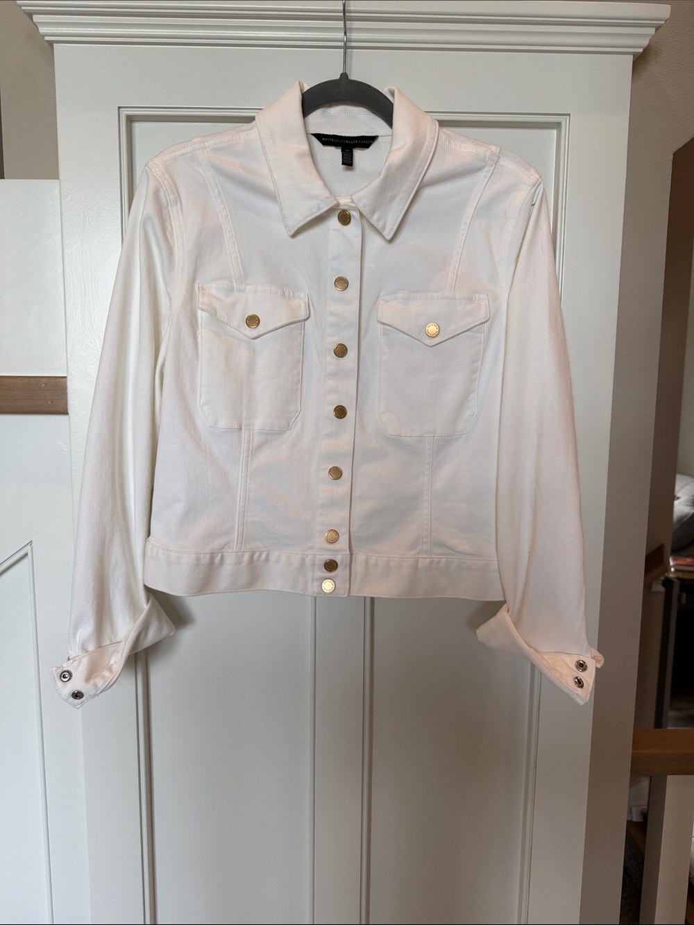 White House Black Market White Denim Jacket with Gold Buttons